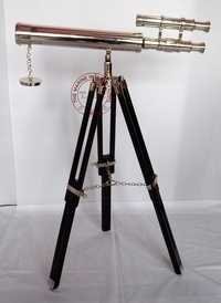 Chrome Double Barrel Telescope On Wooden Stand