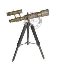 Leather Mounted Brass Double Barrel Telescope With Brass Stand In Antique Style