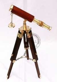 Brown Leather Sheathed Brass Decorative Telescope With Wooden Tripod Stand