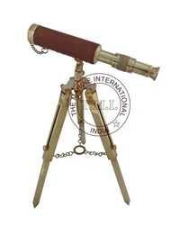 Shiny Brass Telescope Leather Sheathed With Brass Stand