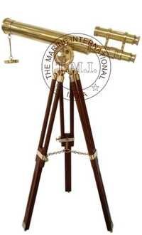Brass Astro Double Barrel Telescope With Wooden Tripod Stand