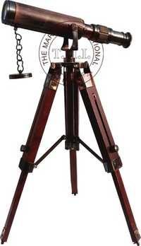 Leather Sheathed Antique Decorative Brass Telescope With Wooden Tripod Stand