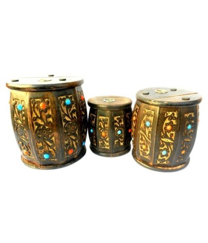 Desi Karigar Wooden Drum Shaped Carved Money Bank - Set of 3