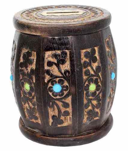 Desi Karigar Wooden Drum Shaped Carved Money Bank
