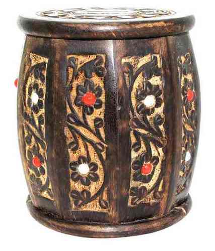 Desi Karigar Medium Wooden Drum Shaped Carved Money Bank