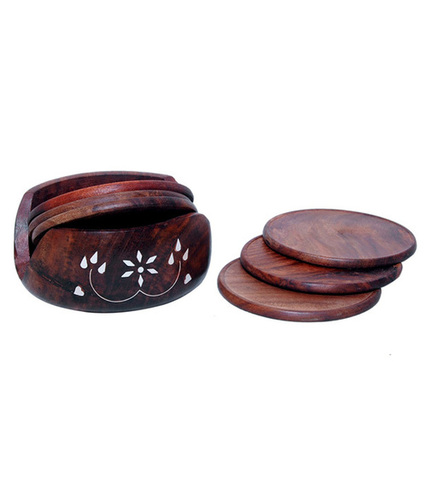 Desi Karigar Brown Wooden Sheesham Lotus Coaster Set