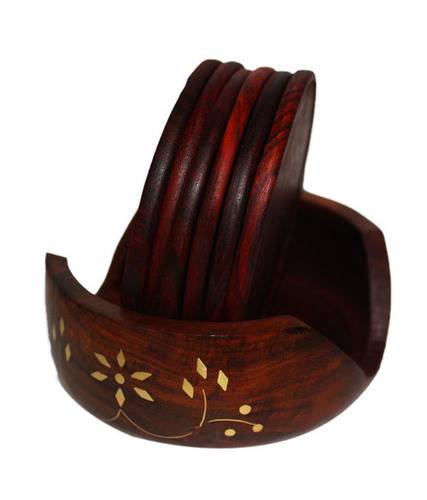 Desi Karigar Brown Wooden Sheesham Lotus Coaster Set with brass engraving