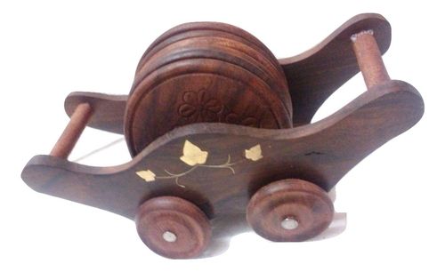 Desi Karigar Old Vintage Wooden Hand carved Brass Fitted Wooden Tea coasters on wooden cart