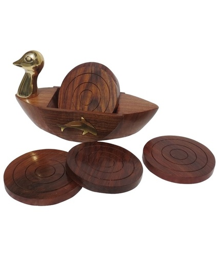 Desi Karigar Brown And Golden Wooden Duck Shape Coaster Set Of 6