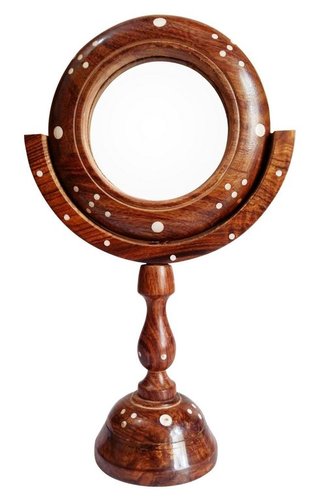 Desi Karigar Vintage Hand Carved Wooden Table Top Round Portable Makeup Mirror with Stand By DESI KARIGAR