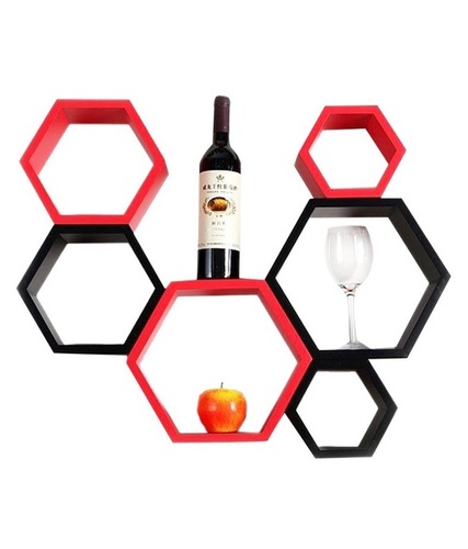 Desi Karigar Wall Mount Shelves Hexagon Shape Set of 6 Wall Shelves Red And Black