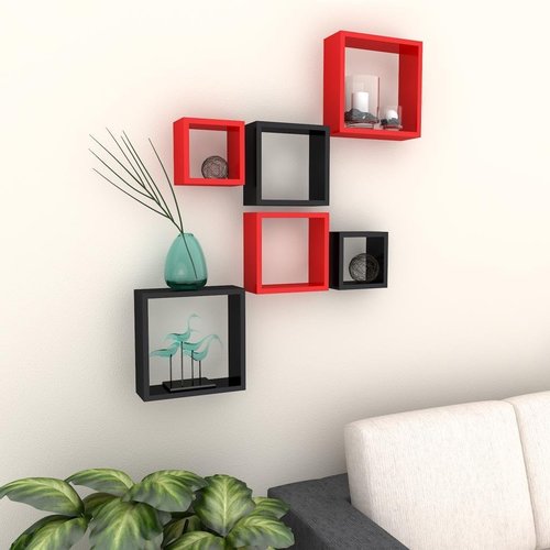 Desi Karigar Wall Mount Shelves Square Shape Set of 6 Wall Shelves - Red And Black