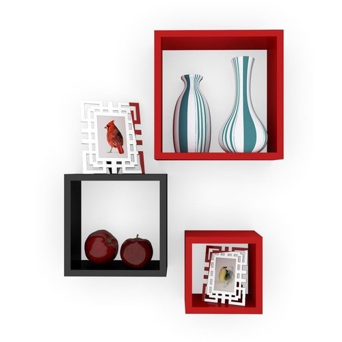 Desi Karigar Wall Mount Shelves Square Shape Set of 3 Wall Shelves Red and Black