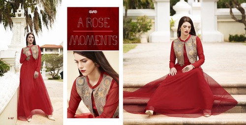 Red Buy Net & Silk Long Gown Style Kurti Online