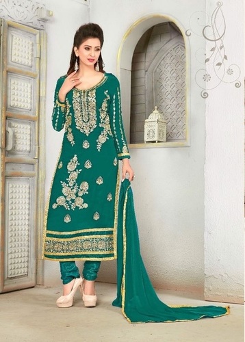 Designer Salwar Kameez - Pure Bember Georgette Top, Santoon Bottom & Inner, Green Color | Full Sleeves, Quick Dry, Breathable, Embroidered, Washable