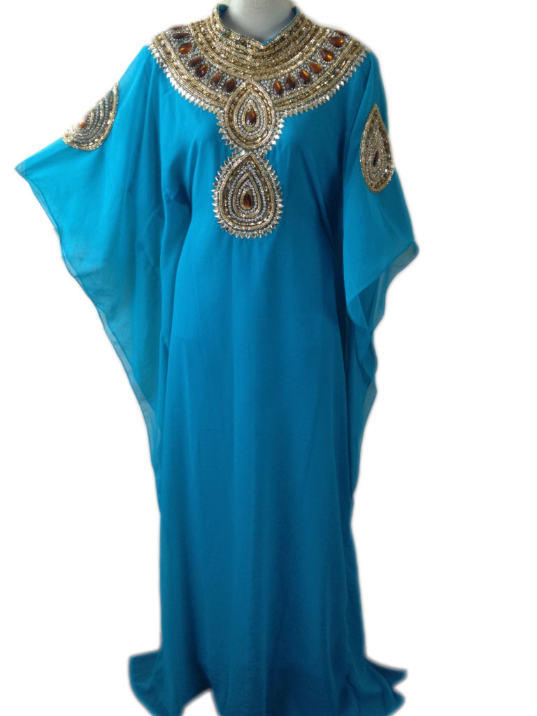 Gold embroidered stone work long length party wear kaftan farasha dress