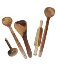 Desi Karigar Wooden 3 Ladles, 1 Masher & 1 Rolling