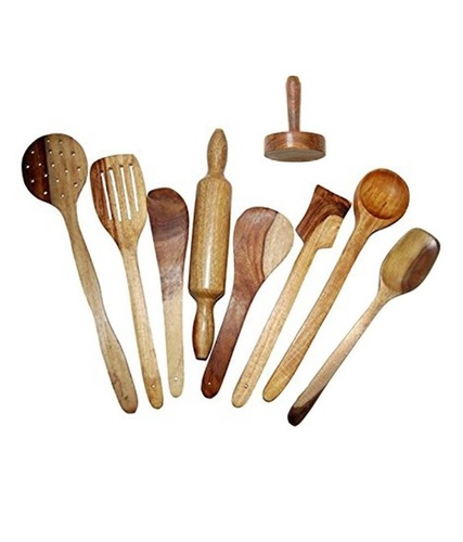 Desi Karigar Wooden Spoon Set of 9 Pcs/ Wooden Spatula, Ladle & Kitchen Tools Set