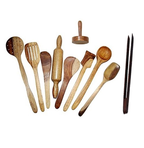 Desi Karigar Wooden Spoon Set of 10 Pcs/ Wooden Spatula, Ladle & Kitchen Tools Set
