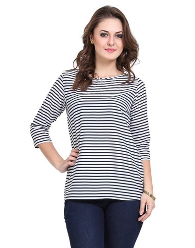 Girl Top - Polyester Poly Crepe, Blue & White, Curved Hemline, 3/4 Sleeve | Cool Dry, Quick Dry, Casual Style, Regular Fitting, Beaded Decoration