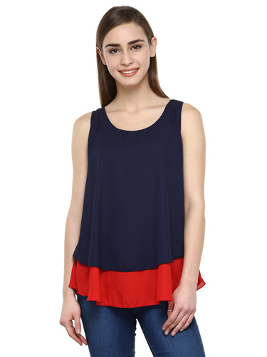 Casual Blouse - Polyester Poly Crepe, Sizes S-XXL, Blue & Red, Sleeveless, Round Neck, Curved Hemline - Quick Dry, Cool Dry, Dry Cleaning Features