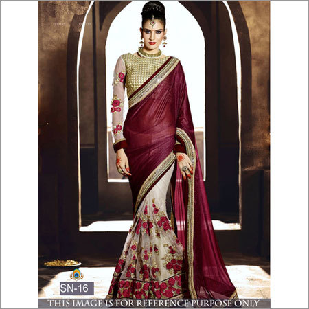 Net Saree - Silk Georgette with Bangalori Sik Work , Maroon Color, Multi Handwork Detail, Embroidered Pattern, Bollywood Style, Suitable for All Seasons