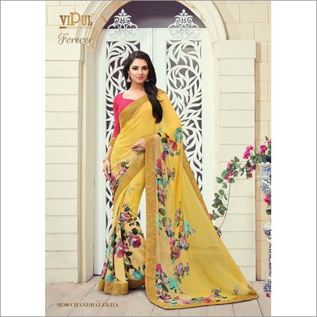 FOREVER CHANDRALEKHA - Georgette Saree 5.5 Mtr, Yellow Georgette Blouse 0.8 Mtr, Printed, Elegant Design, Comfortable Wear