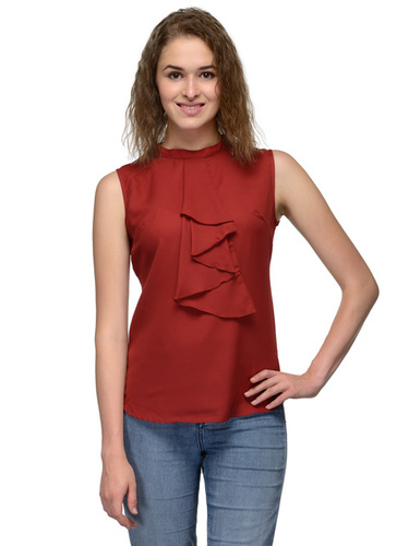Red Poly Crepe Top - Polyester, Bust 914.4 mm, Hip 863.6 mm, Length 660.4 mm, Available Sizes: S, M, L, XL, XXL | Sleek Sleeveless Design, Round Neck, Embroidered Pattern, All Season Wear