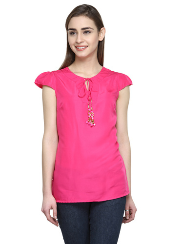 Short Top - Polyester, Length: 660.4 mm, Bust Size: 914.4 mm, Hip Size: 863.6 mm, Color: Pink, Short Sleeve, Round Neck, Curved Hemline, Regular Fit, All Season, Cool Dry Feature