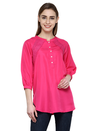 Long Sleeve Blouse - Polyester Fabric Regular Fit Pink Full Sleeve Round Neck Curved Hemline Quick Dry Cool Dry Dry Clean