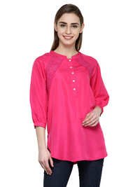 Long Sleeve Blouse - Polyester Fabric, Regular Fit, Pink, Full Sleeve, Round Neck, Curved Hemline, Quick Dry, Cool Dry, Dry Clean