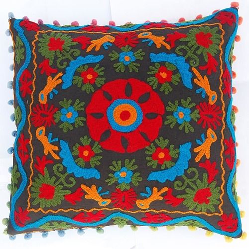 Multicolor Cotton Woll Embroidered Suzani Cushion Cover 16x16 Inches