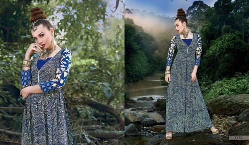 Designer Embroidered Gown - Silk Crepe, XL Size, Long Sleeve, Digital Print Design | Anti-Wrinkle, Washable, Non-Toxic, Ideal for Summer