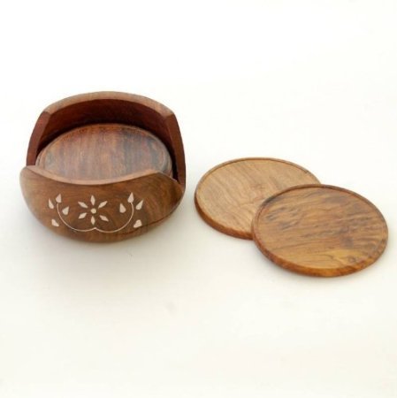 Desi Karigar Wooden Carved Tea Coaster Set of 6 Plate with Stand dining table serving office