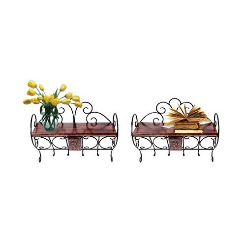 Desi Karigar Wooden Shelf And Wrought Iron Wall Bracket Book Rack Cloth Hanger Set of 2