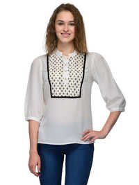 Polyester Crape Blouse - Regular Fitting, 3/4 Sleeve, Curved Hemline, Chinese Collar, White | Embroidered Pattern, All Season Wear, Bust Size 914.4 Mm, Hip Size 863.6 Mm, Quick Dry Feature