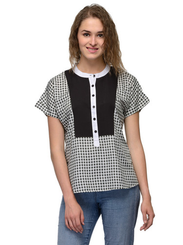Short Sleeve Blouse - Polyester Sizes: S M L XL XXL Color: Black & White | Features: Cool Dry Quick Dry Plain Pattern