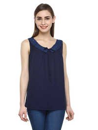 Ladies V Neck Top - Polyester, Sizes M L S Xl Xxl | Blue, Sleeveless, Curved Hemline, Plain Pattern, Cool Dry, Quick Dry, All Season