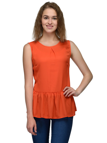 Round Neck Top - Polyester Fabric, Size L/XL/XXL, Orange Color, Sleeveless Design, Curved Hemline | Cool Dry, Quick Dry, All Season Wear