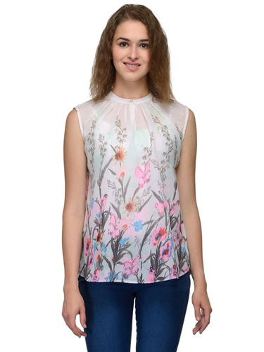 Floral Print Top - Mos Crepe, Multi Color, Bust: 914.4mm, Hip: 863.6mm, Length: 660.4mm, Sleeveless, Round Neck, Curved Hemline, Regular Fit