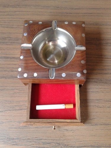 Desi Karigar Wooden Brass Inlay Ashtray + Cig.Case (Brown, 4.5 x 4.5 x 2.2 inch)