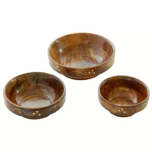Desi Karigar Wooden Bowl Set & Free 3 Tea Spoons ( Brown, 4, 5, 6 inch )