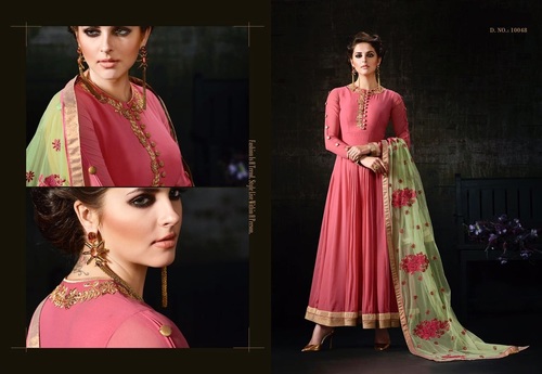 Apple Georgette Anarkali Suit - Pink & Net Fabric, Resham & Zari Work with Heavy Dupatta