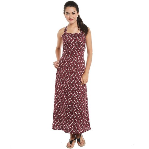 Rayon Dress - Sleeveless Regular Fit, Curved Hemline, Brown Color | Casual Ethnic Wear, Quick Dry, All Season, Bust Size 36-44 Inches