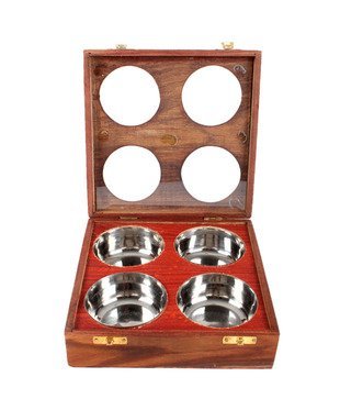 Desi Karigar Wooden Dry Fruit/ Sweets / Spices Box ( Brown, 4 bowls )
