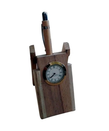 Desi Karigar Wooden Pen Stand With Clock ( White )