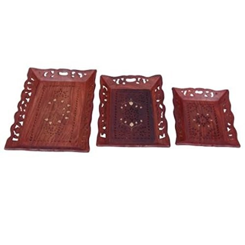 Desi Karigar Wooden Premium Quality Serving Tray With Hand Carved Design Set of 3