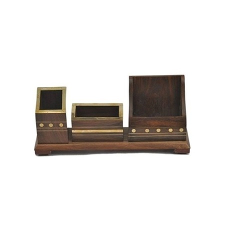 Desi Karigar 3 Compartments Wooden Mobile Cum Pen Holder Size-lxbxh-3x3x4 Inch