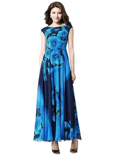 Long Dress - Polyester Crape, Size S-XXL | Blue, Sleeveless, Round Neck, Curved Hemline, Ideal for Women, All-Season Casual Wear