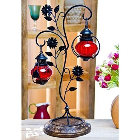 Desi Karigar Attractive Glass with Metal Red Colored Leaf Design candle Stand (11